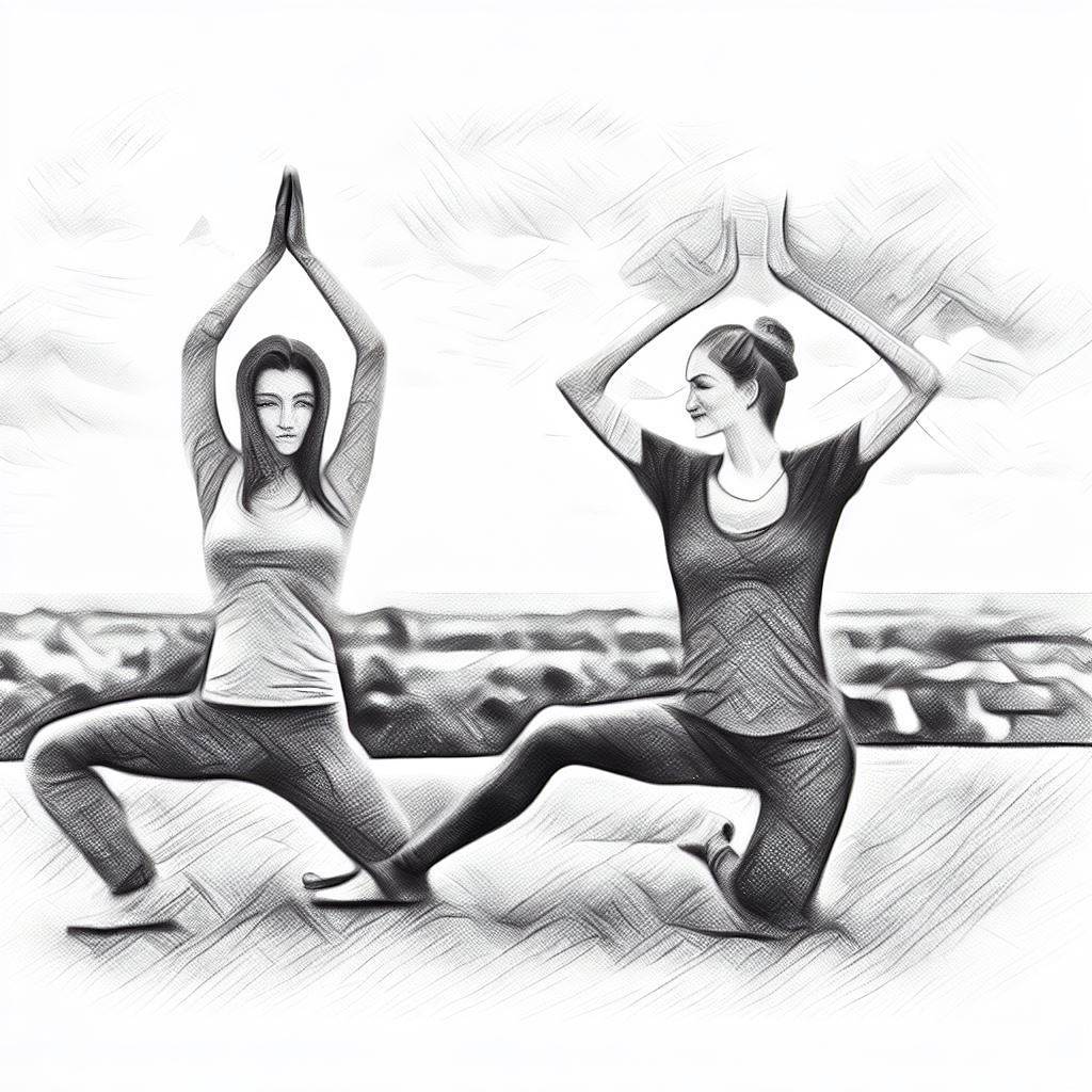 Two friends doing yoga poses on a rooftop - Pencil drawing style
