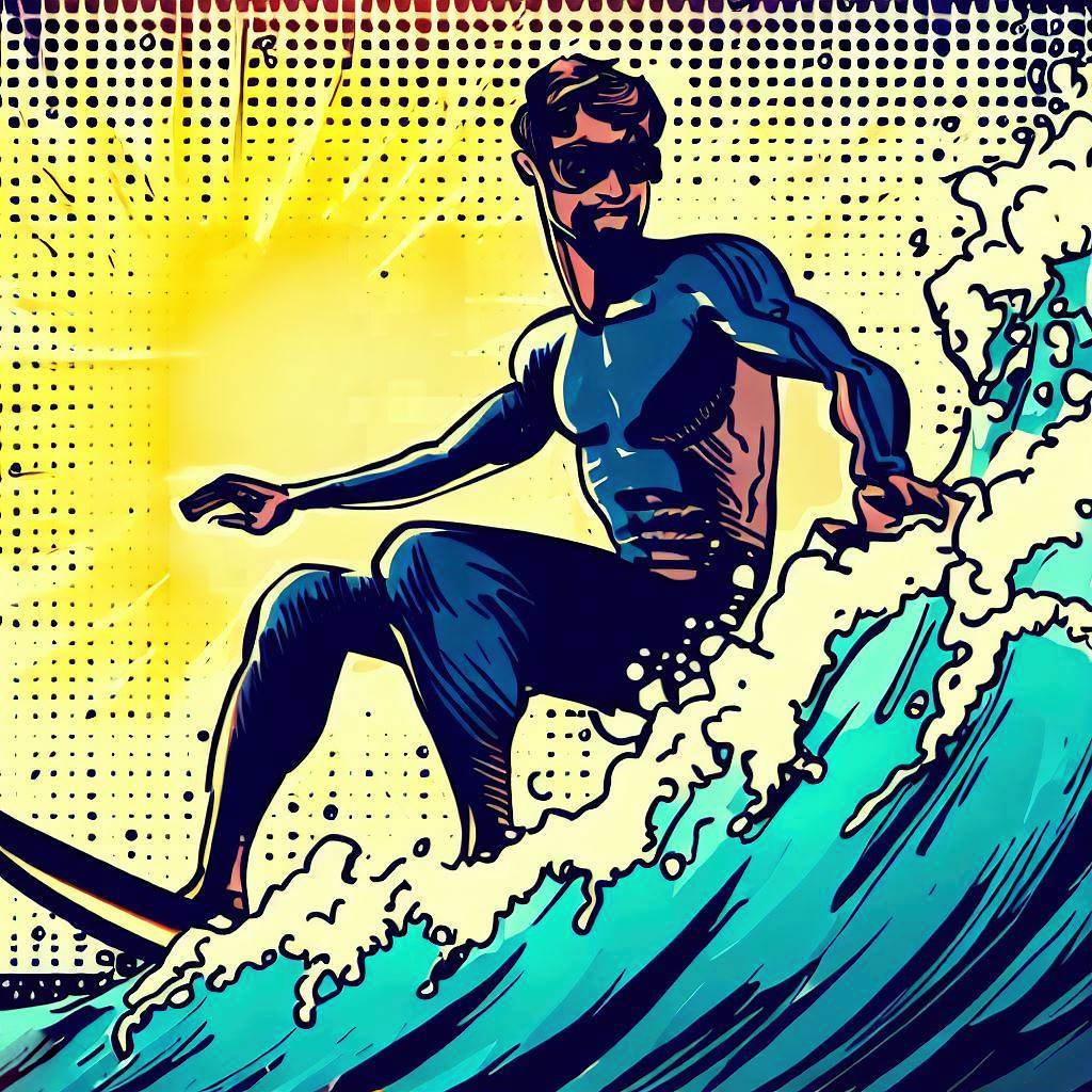 A surfer riding a wave - Comic book style