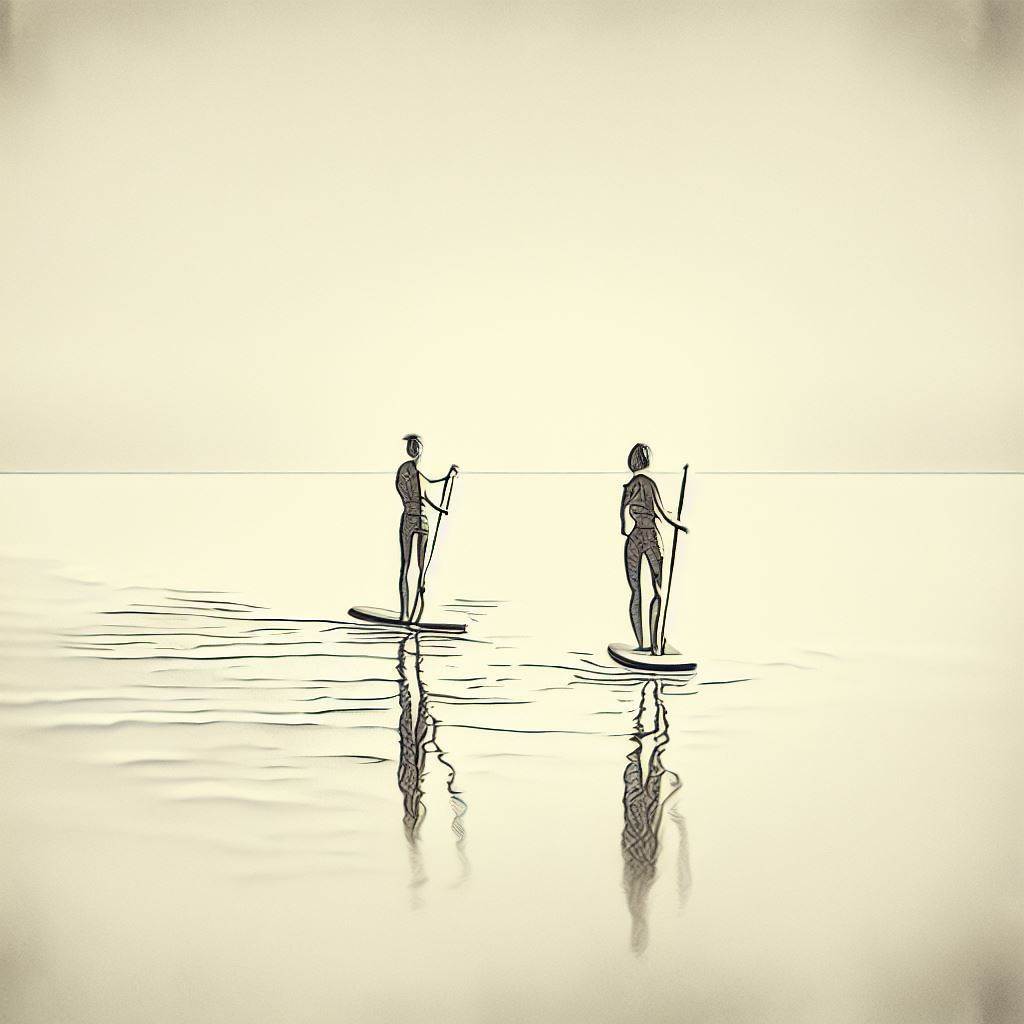 Two friends paddleboarding on a calm lake - Pencil drawing style
