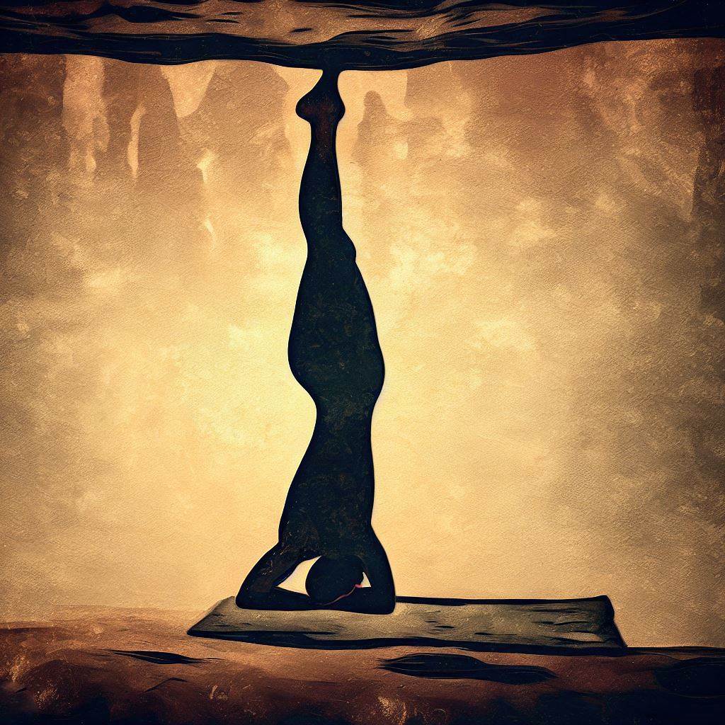 A person doing a headstand on a yoga mat - Cave painting style