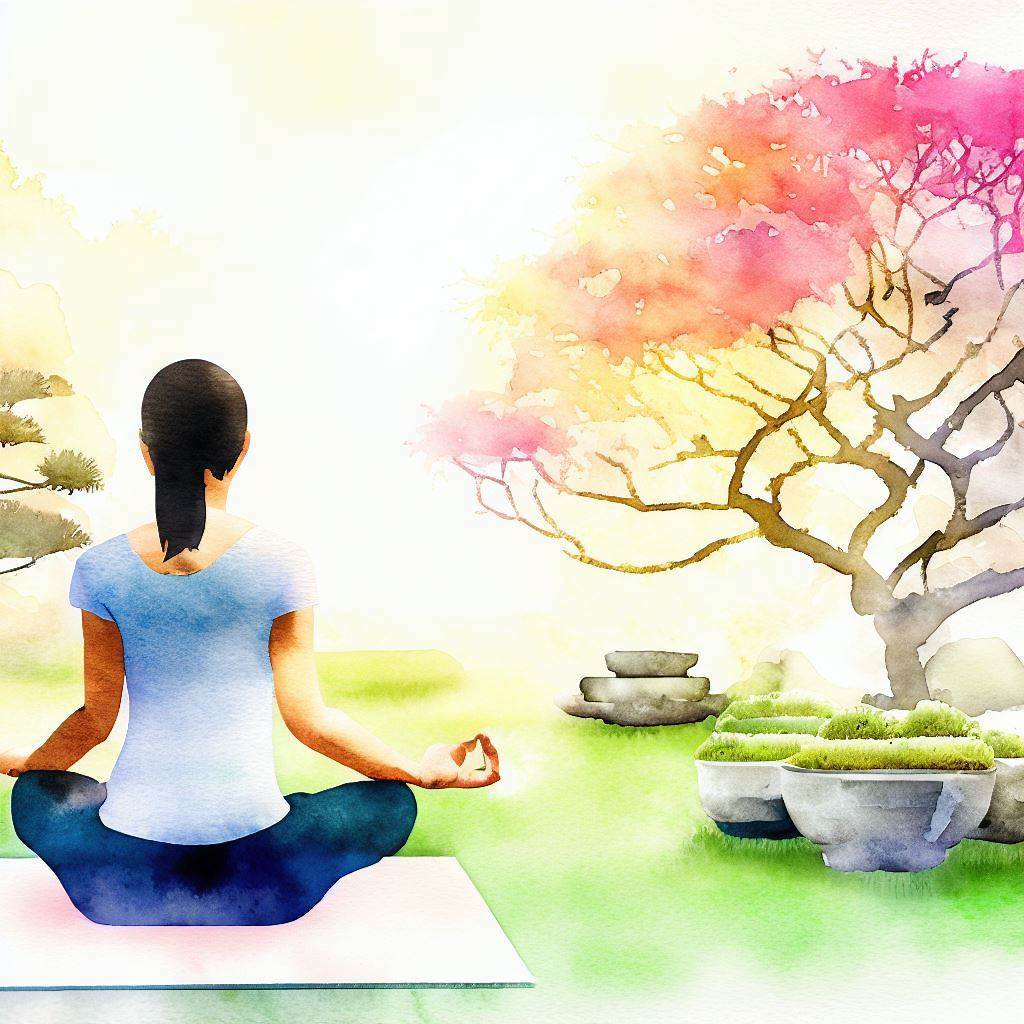 A person practicing meditation in a zen garden - Watercolor style
