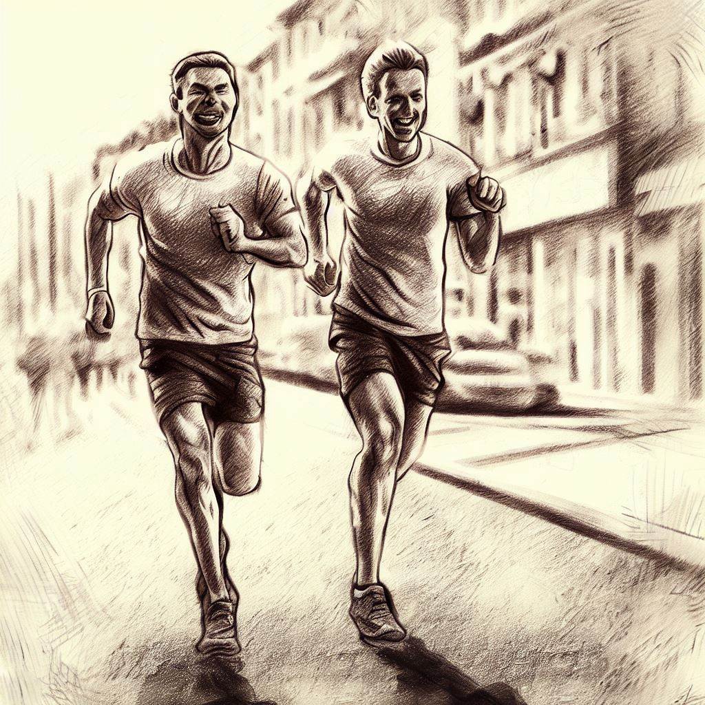 Two friends jogging on a city street - Pencil drawing style