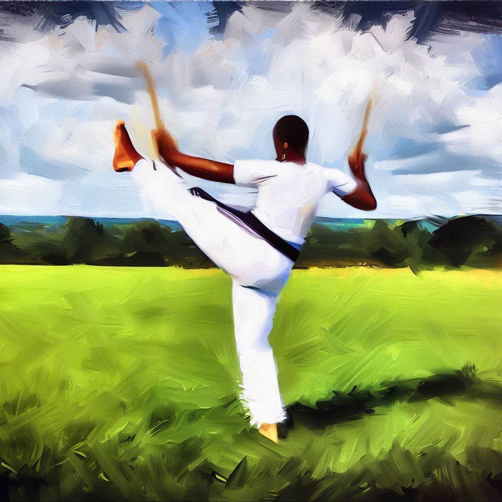 A person practicing Capoeira in an open field - Oil painting style