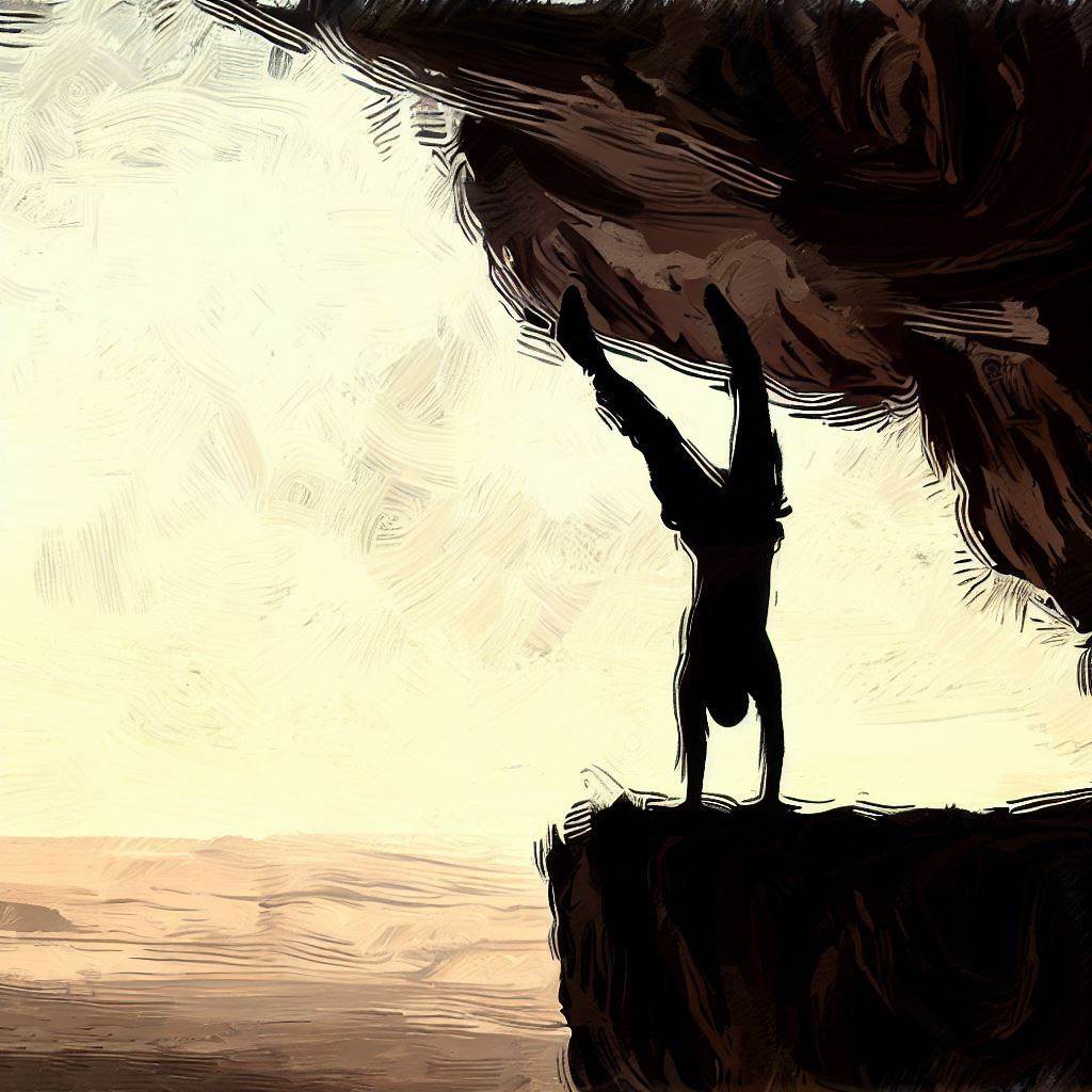 A person doing a handstand on the edge of a cliff - Cave painting style