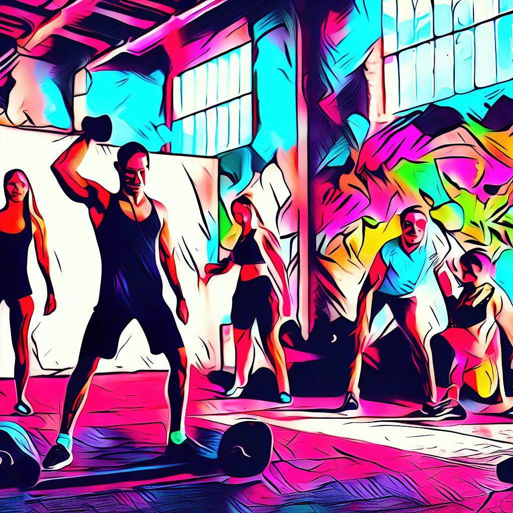 A group of people doing CrossFit exercises in a graffiti-covered warehouse - Pop art style
