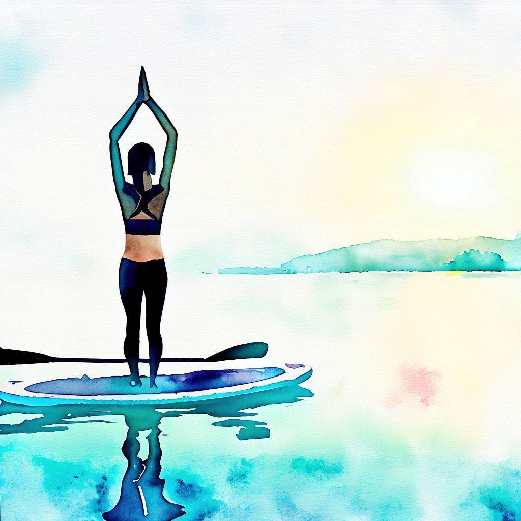 A person practicing paddleboard yoga on a calm lake - Watercolor style