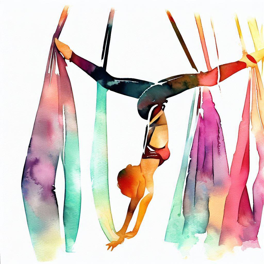 A person doing aerial yoga suspended from silk ribbons - Watercolor style