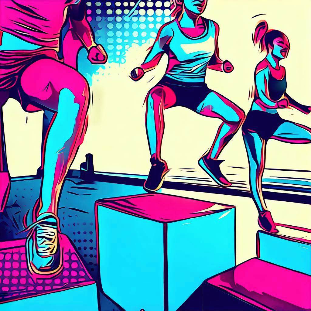 A group of people doing box jumps in a fitness studio - Pop art style