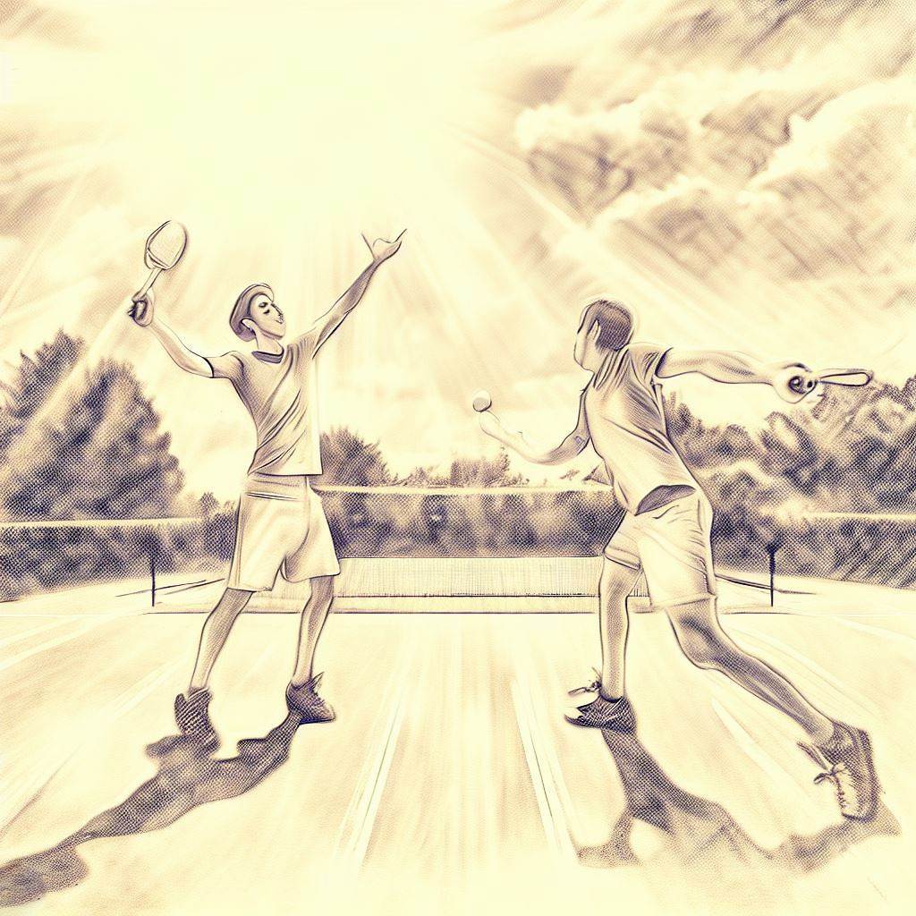 Two friends playing tennis on a sunny court - Pencil drawing style