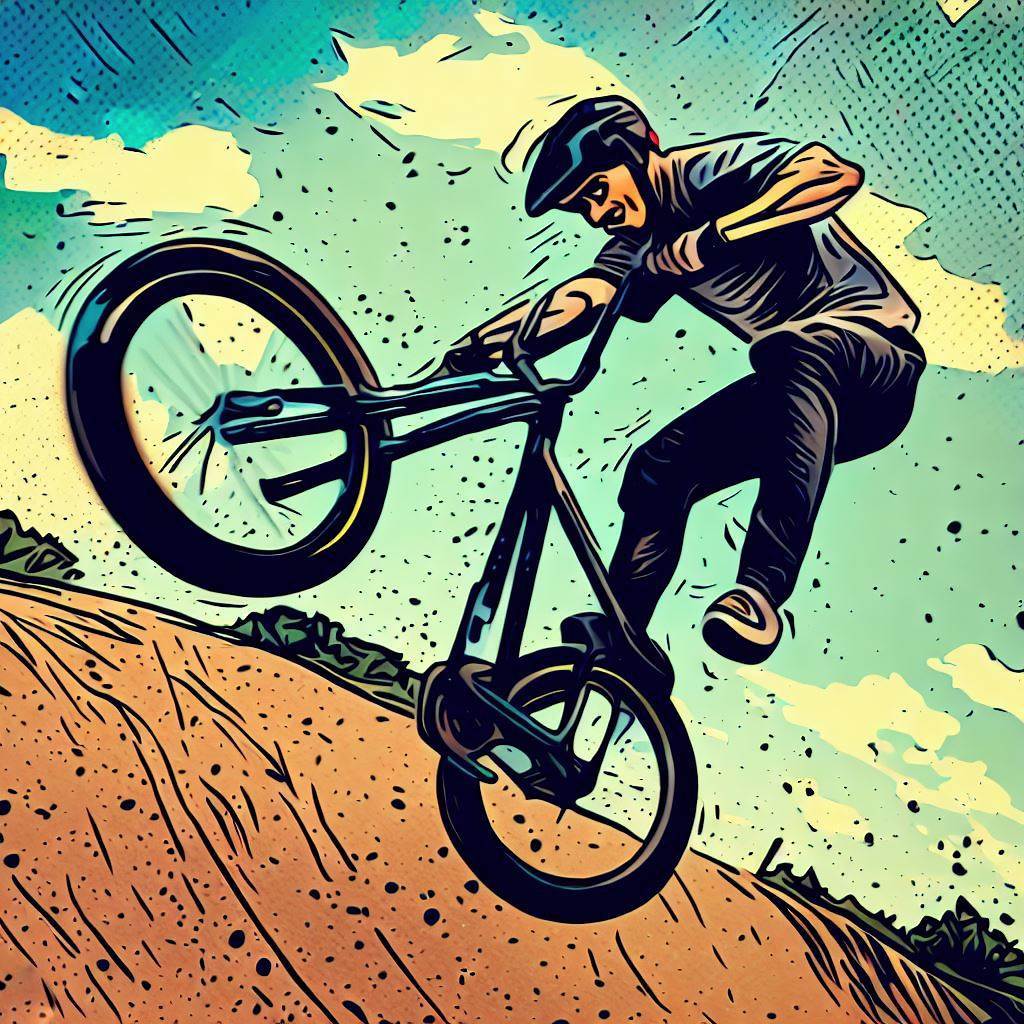 A BMX rider pulling off a trick on a dirt track - Comic book style
