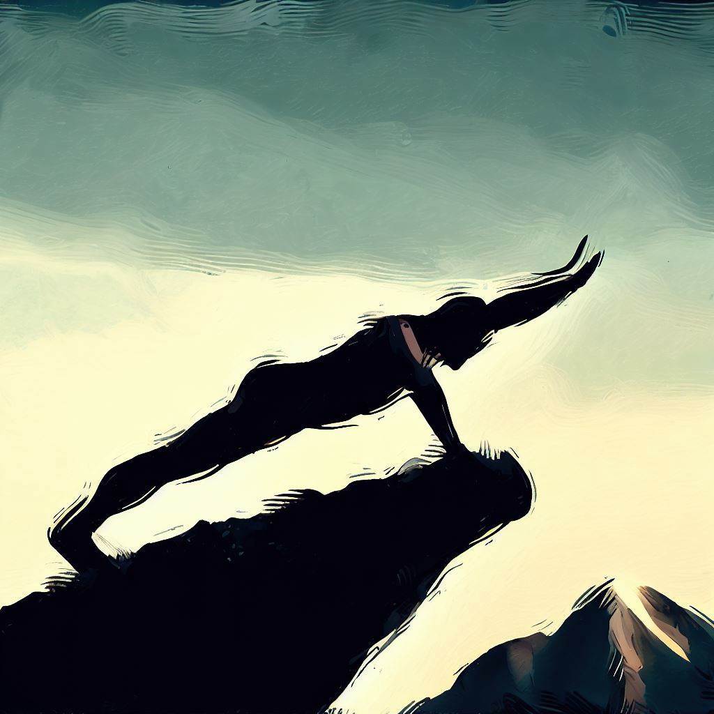 A person doing a side plank on a mountain peak - Cave painting style