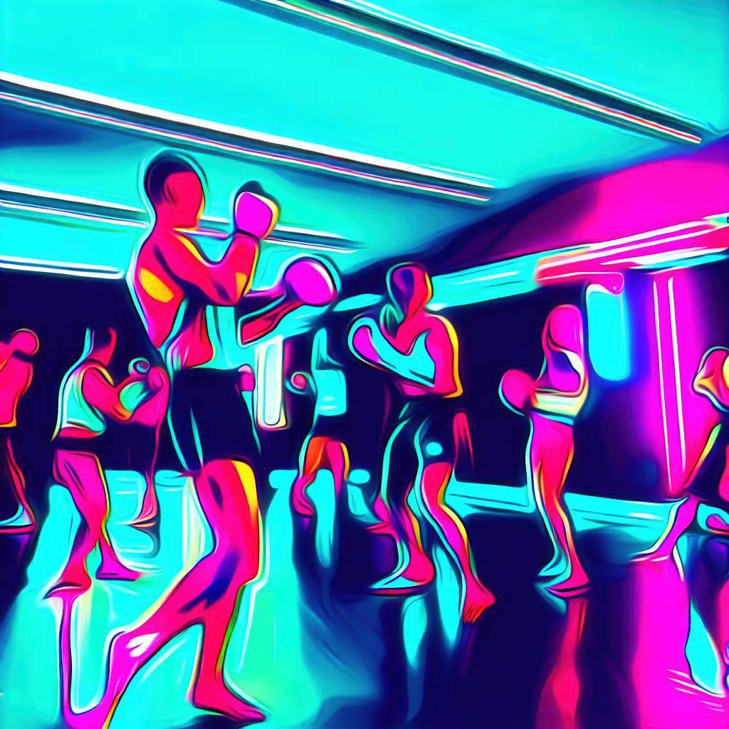A group of people doing kickboxing workouts in a neon-lit gym - Pop art style