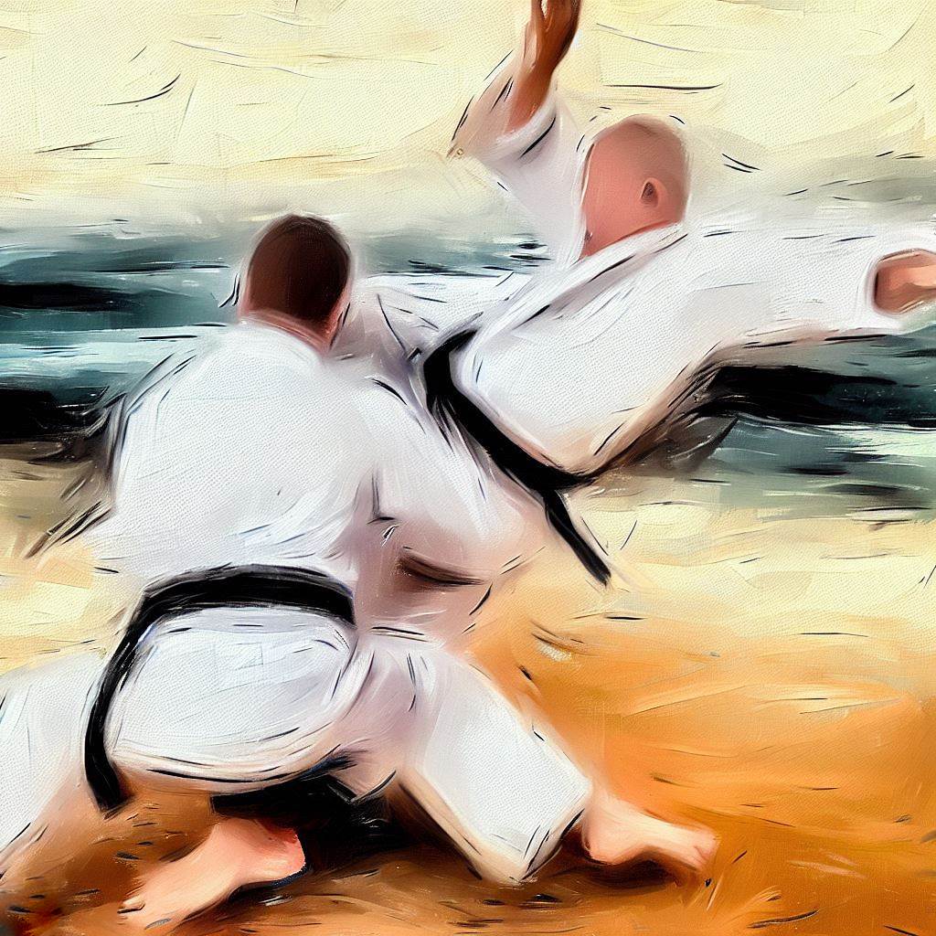 A person practicing judo throws with a partner - Oil painting style