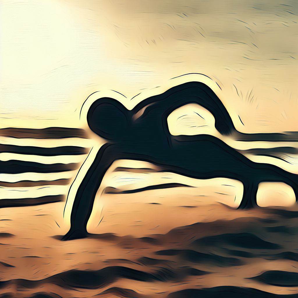 A person doing a one-arm push-up on a beach - Cave painting style