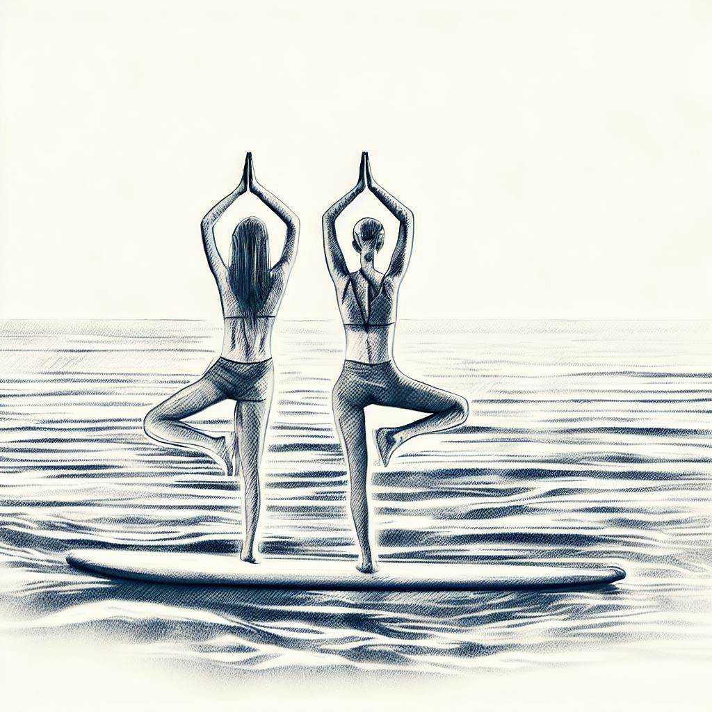 Two friends doing yoga poses on a paddleboard in the ocean - Pencil drawing style