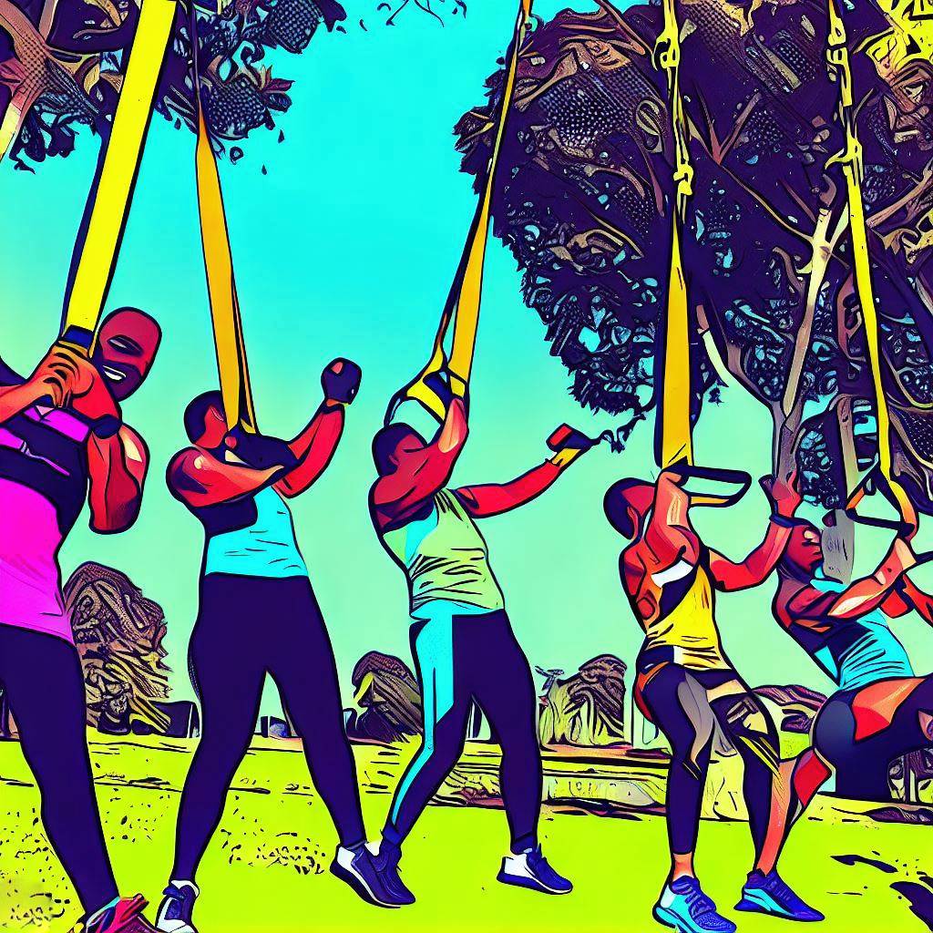 A group of people doing TRX suspension training in a park - Pop art style