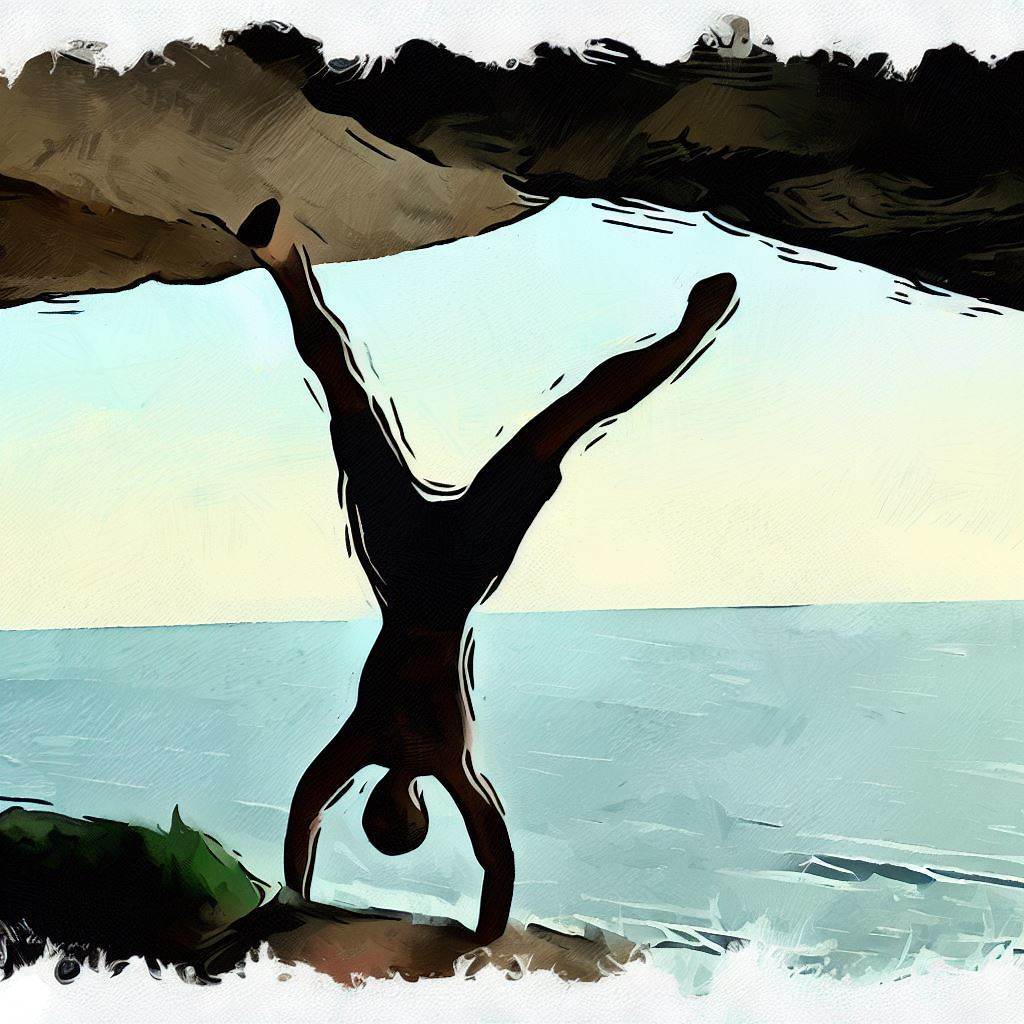 A person doing a handstand on a cliff overlooking the ocean - Cave painting style