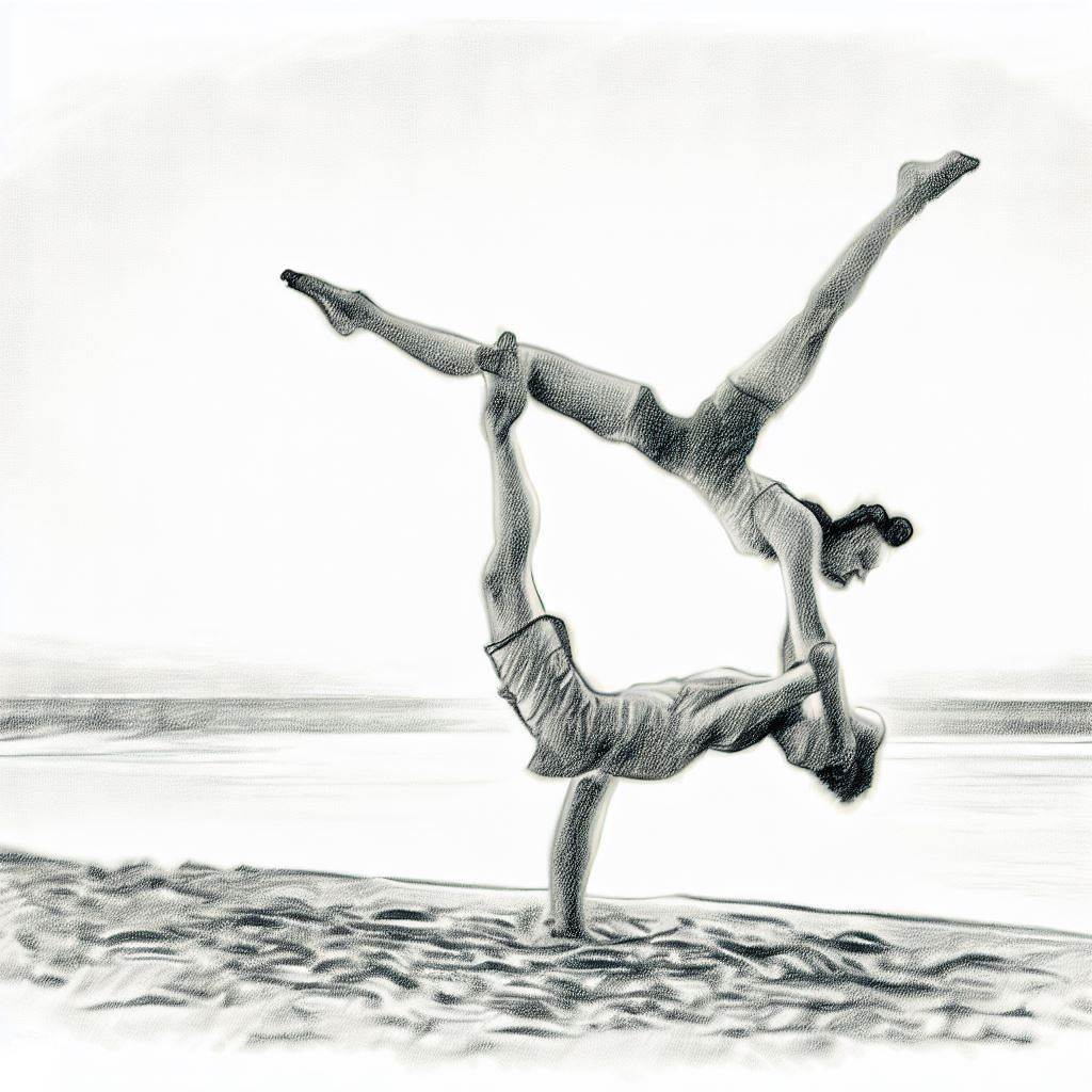 Two friends doing partner acrobatics on a beach - Pencil drawing style