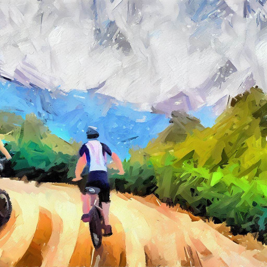 Outdoor cycling through a scenic mountain trail - Oil painting style