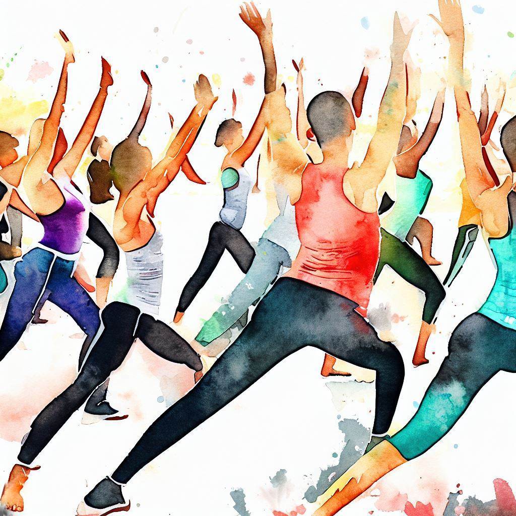 Group fitness class with energetic participants - Watercolor style