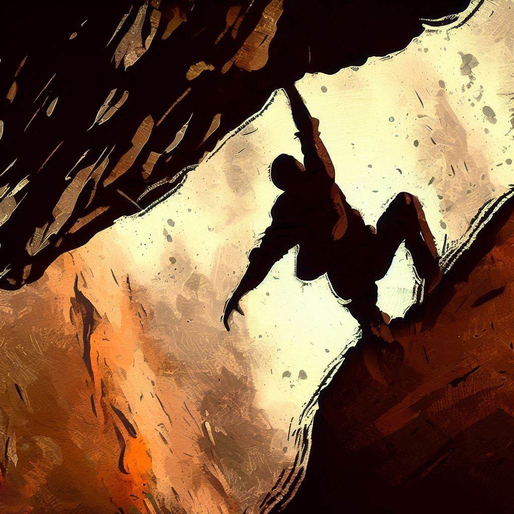 Rock climbing on a challenging cliff - Cave painting style