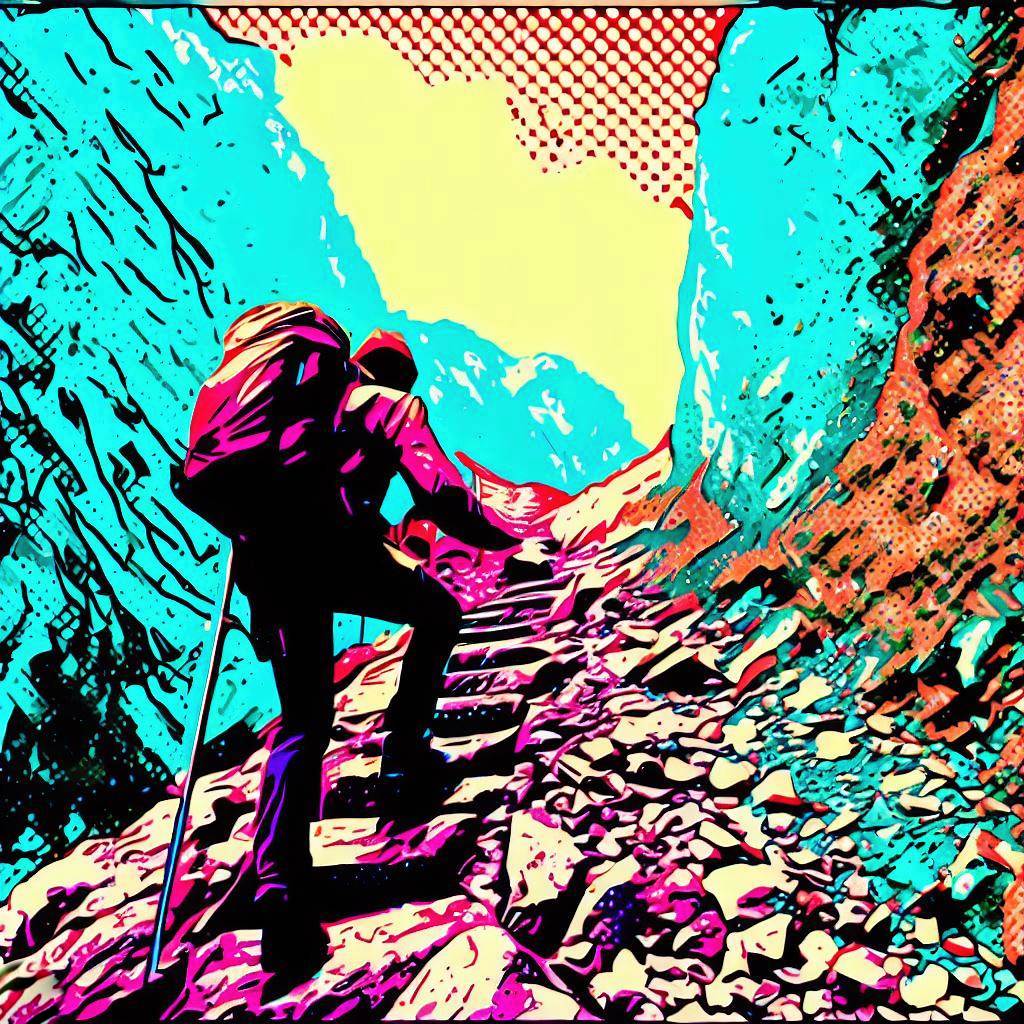 Hiking up a steep mountain trail - Pop art style
