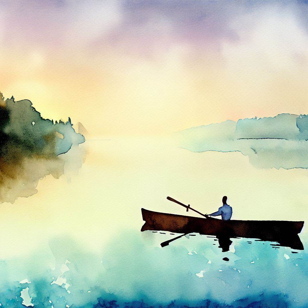 Rowing on a tranquil lake at dawn - Watercolor style