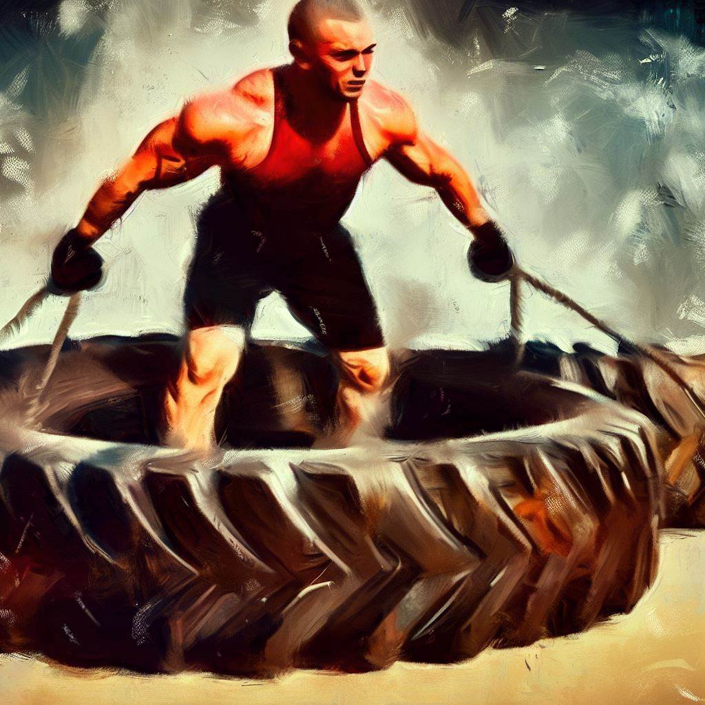 Functional training using tires and ropes - Oil painting style
