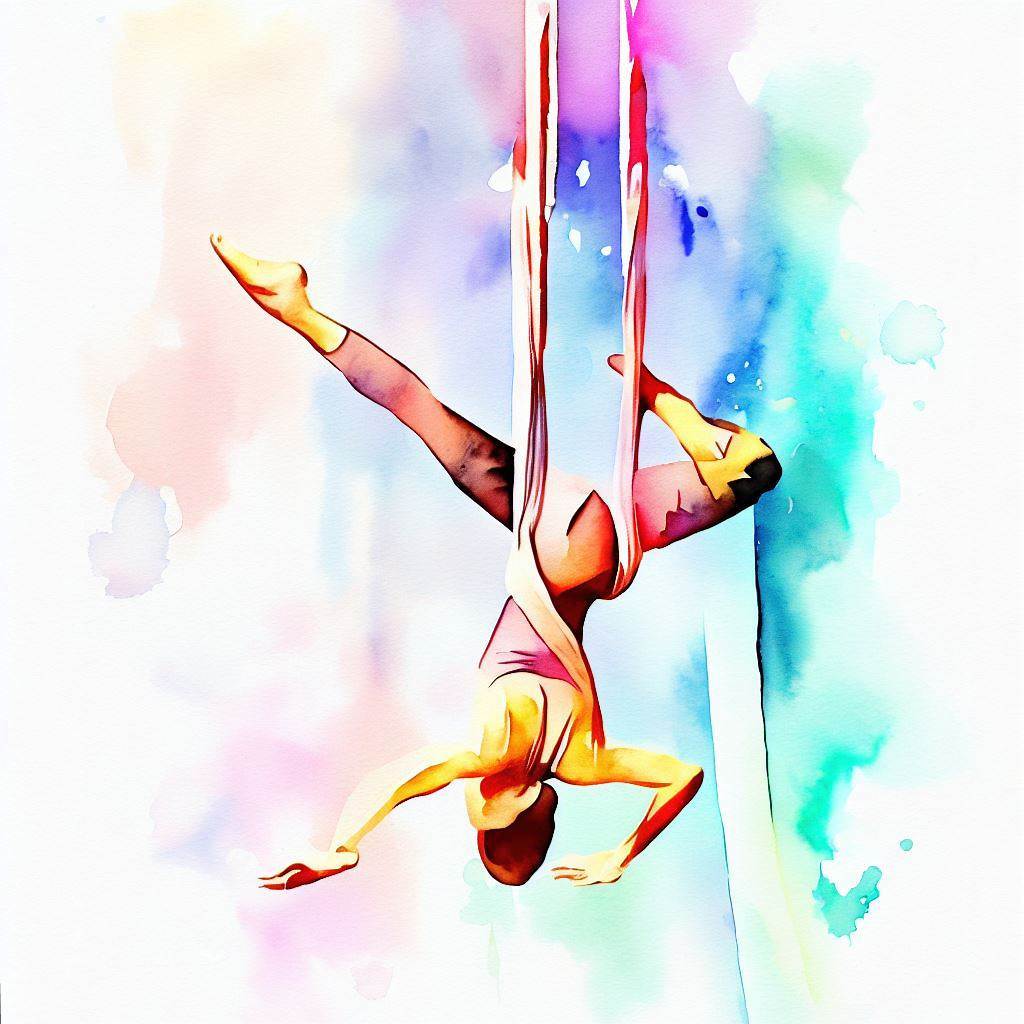 Aerial yoga suspended from silk fabrics - Watercolor style