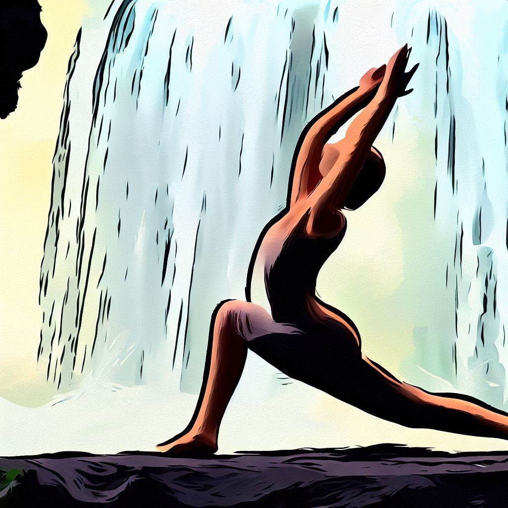 Mindful stretching by a waterfall - Cave painting style