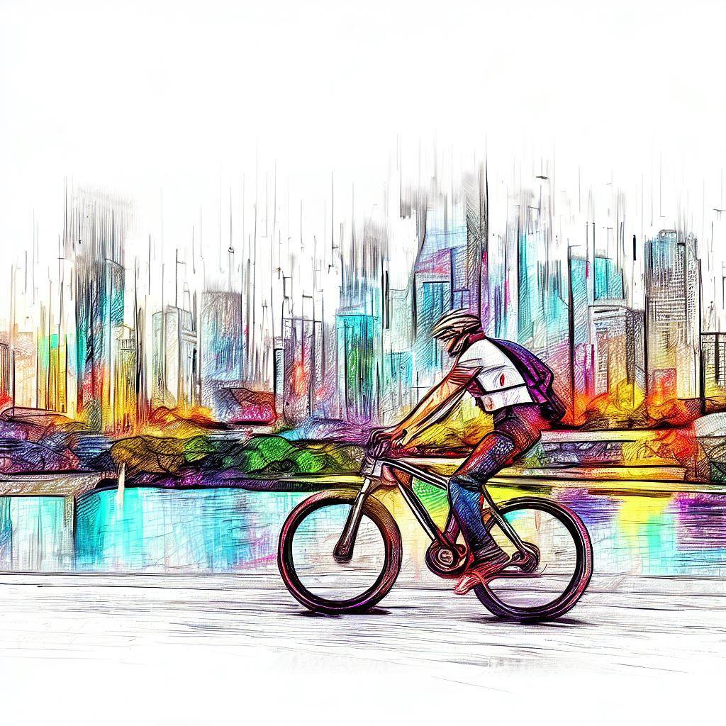 Biking through a vibrant cityscape - Pencil drawing style