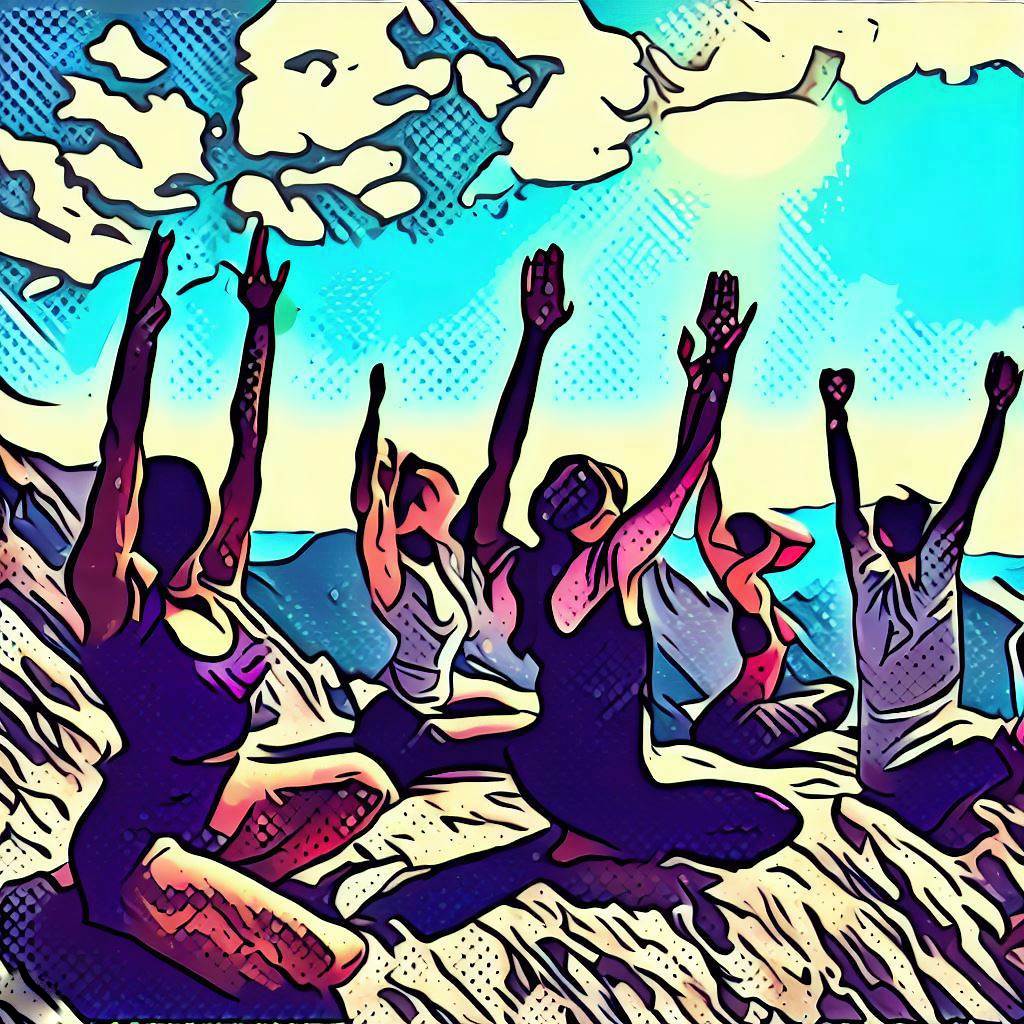 Group yoga session at a mountain peak - Comic book style