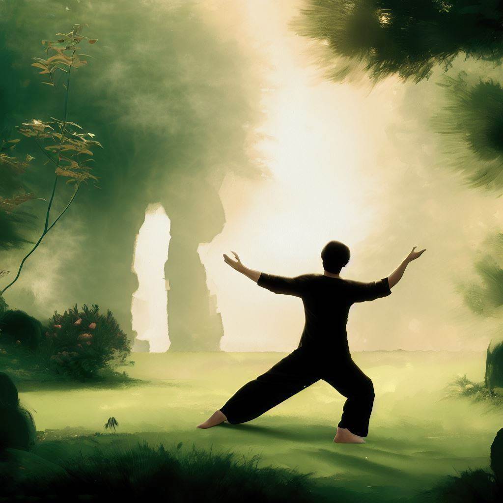 Qigong exercises in a serene garden - Cave painting style