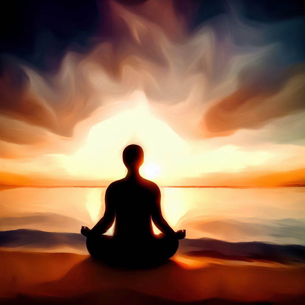 Sunset meditation on a serene beach - Cave painting style