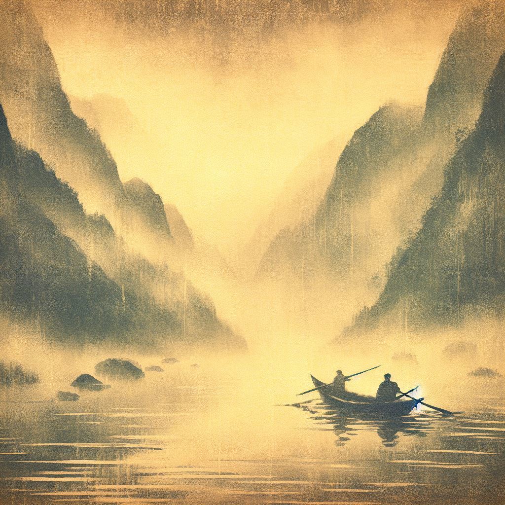 Rowing on a misty river - Cave painting style
