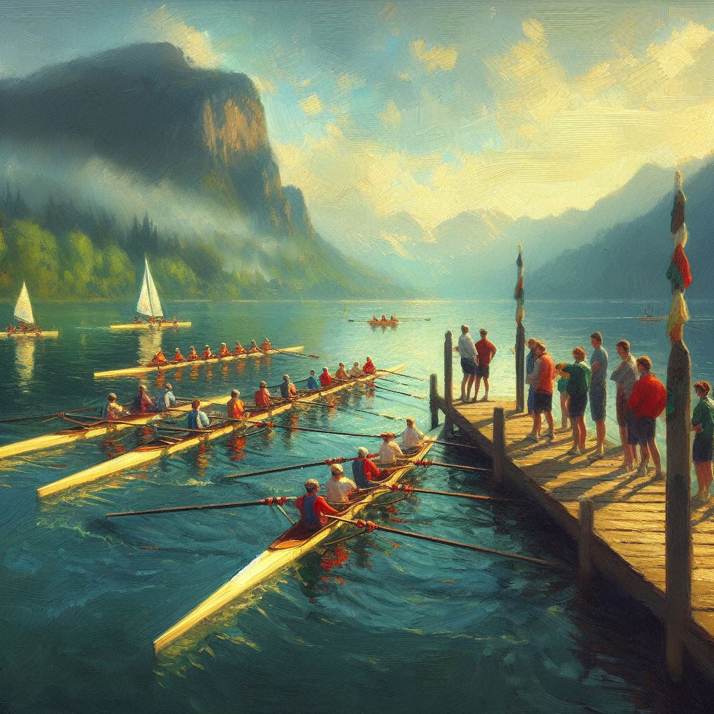 Rowing competition on a lake - Oil painting style
