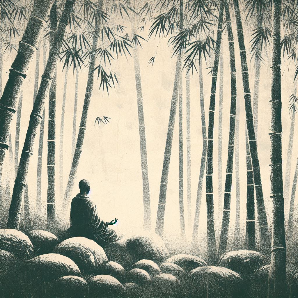 Zen meditation in a bamboo grove - Cave painting style