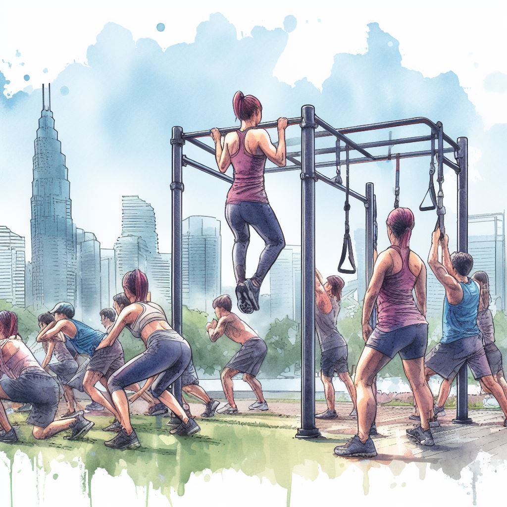 Outdoor bodyweight fitness class - Watercolor style