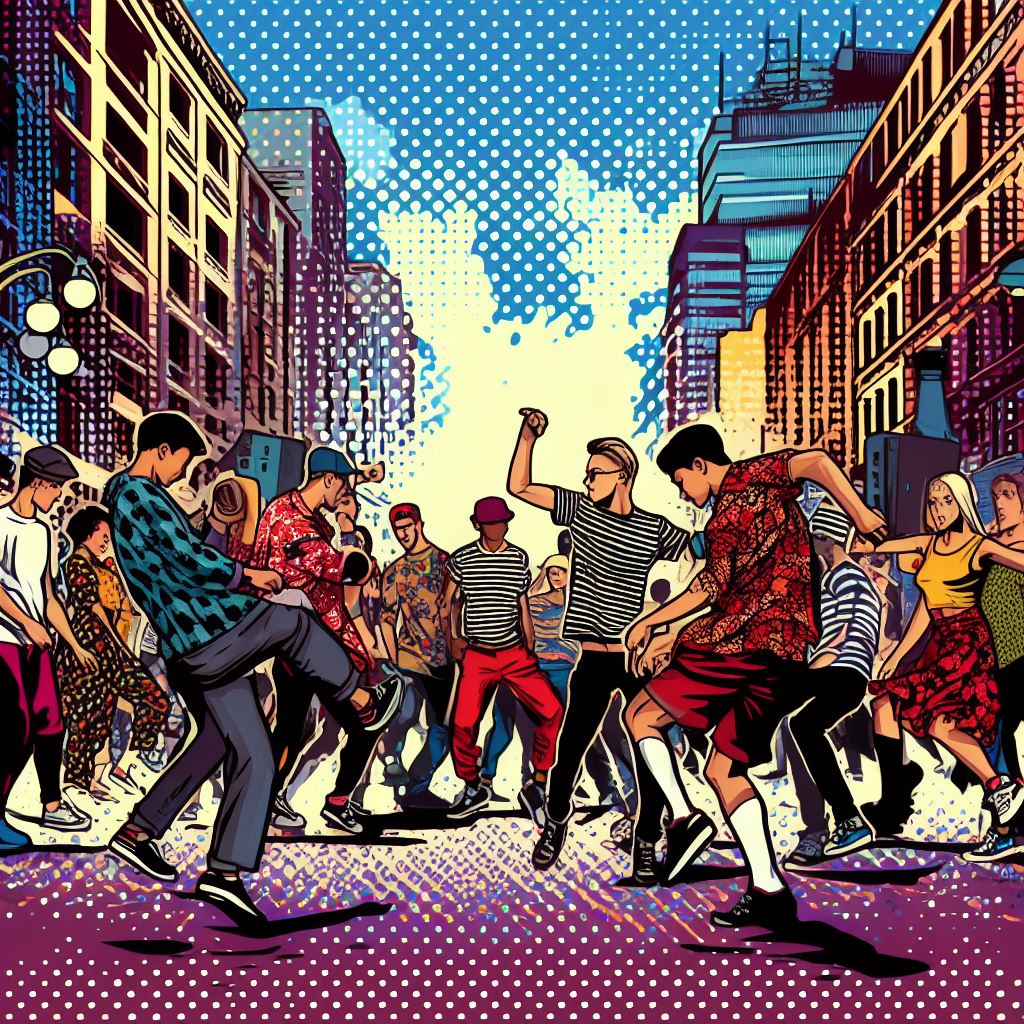 Street dance battle in a lively square - Pop art style