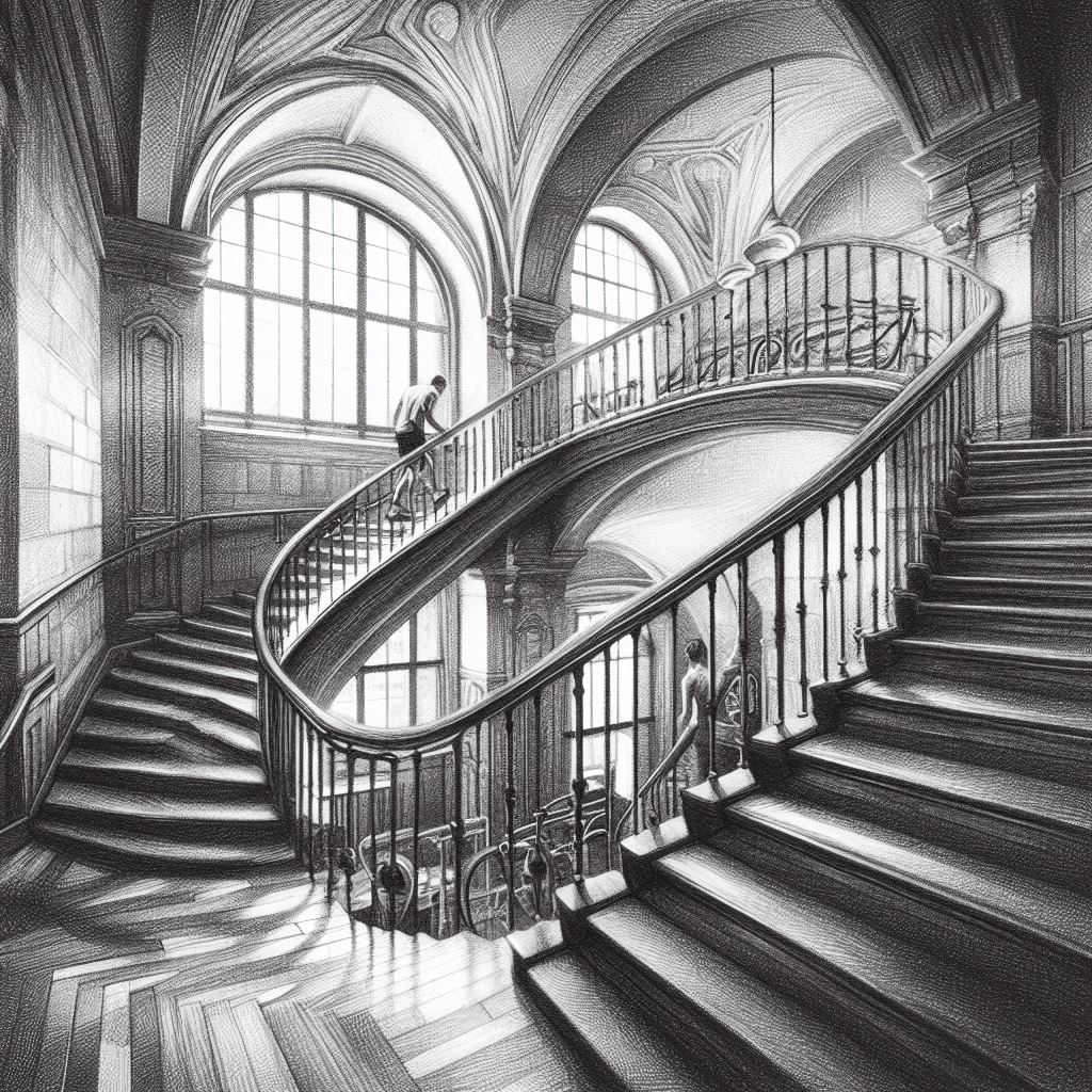 Staircase workout in an old building - Pencil drawing style