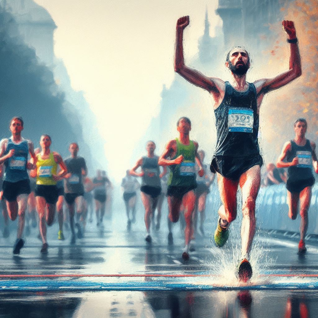 Marathon runner crossing the finish line - Oil painting style