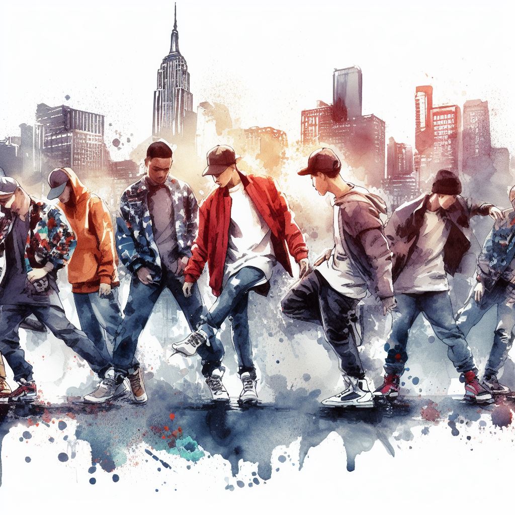 Urban dance crew showcasing moves - Watercolor style