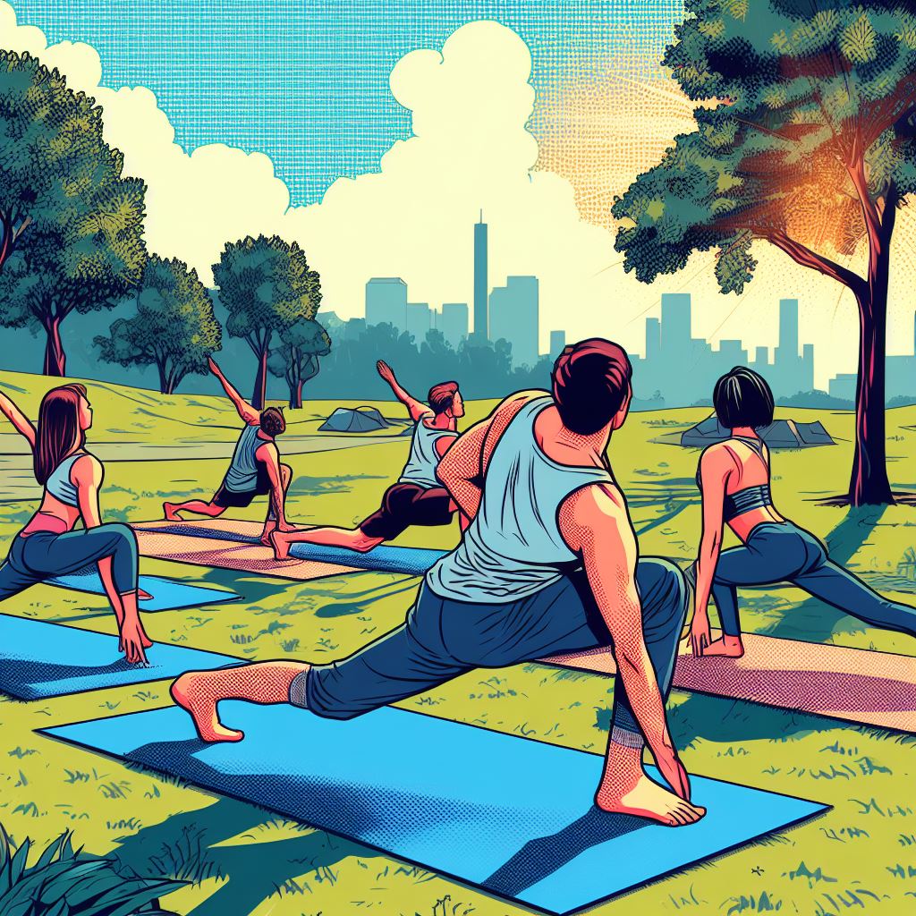 A group of friends doing yoga in a park - Pop art style