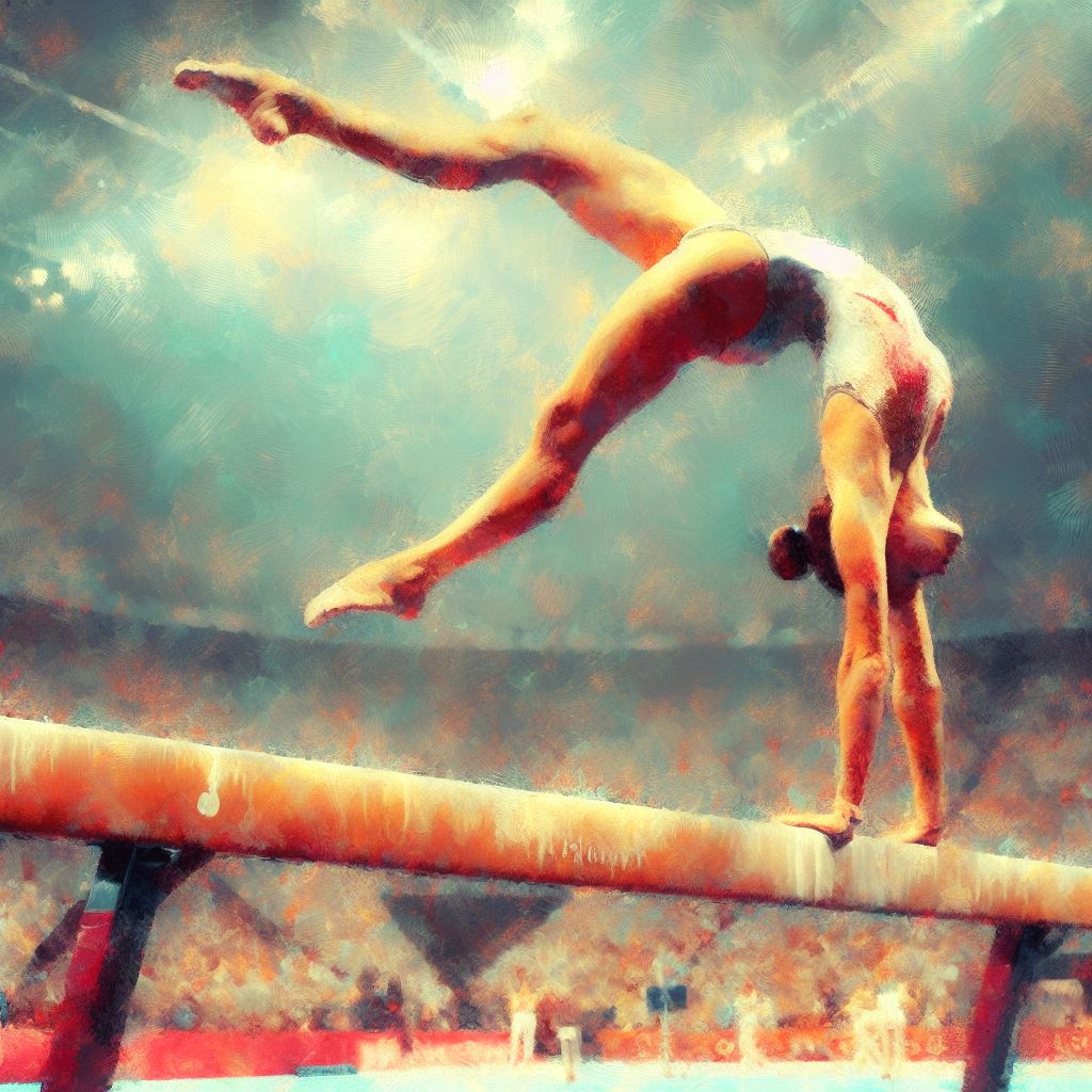 A gymnast performing on the balance beam - Impressionism style