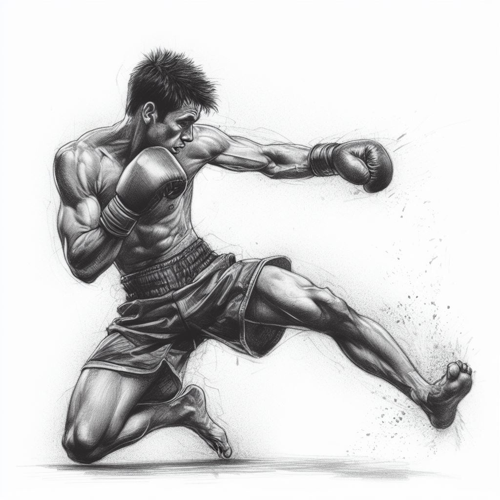A kickboxer in action - Pencil drawing style