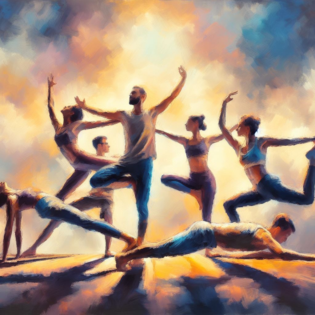 A group of friends in a dynamic yoga pose - Oil painting style