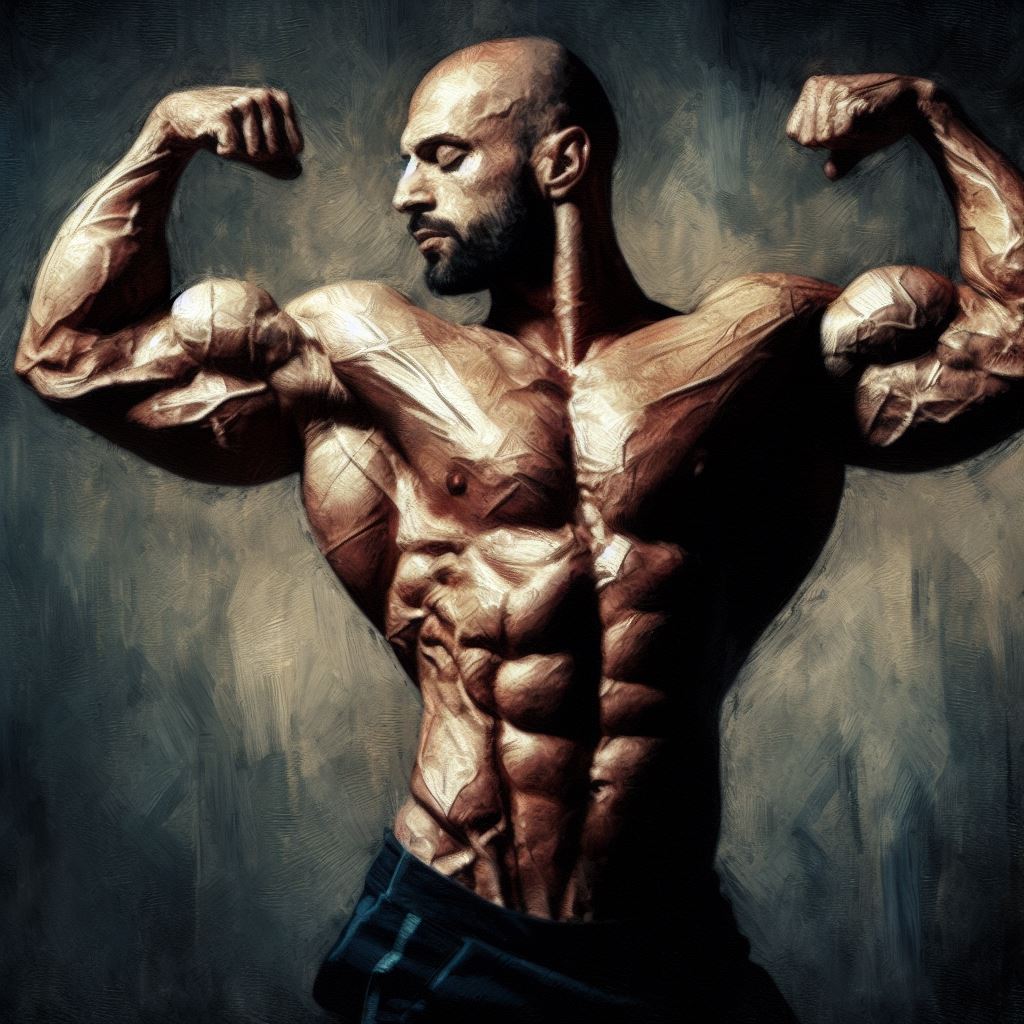 A bodybuilder flexing muscles - Oil painting style