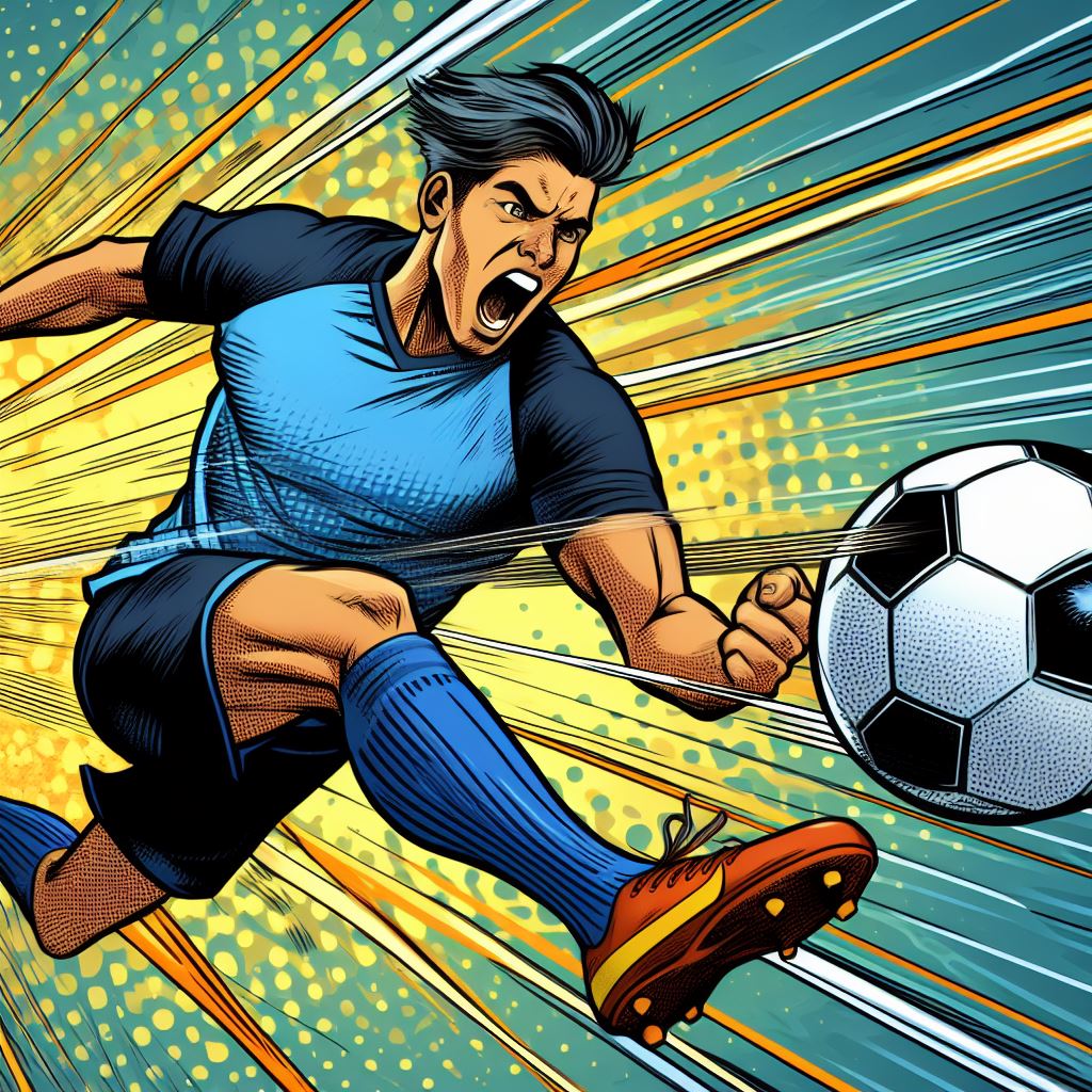 A soccer player taking a powerful shot - Comic book style