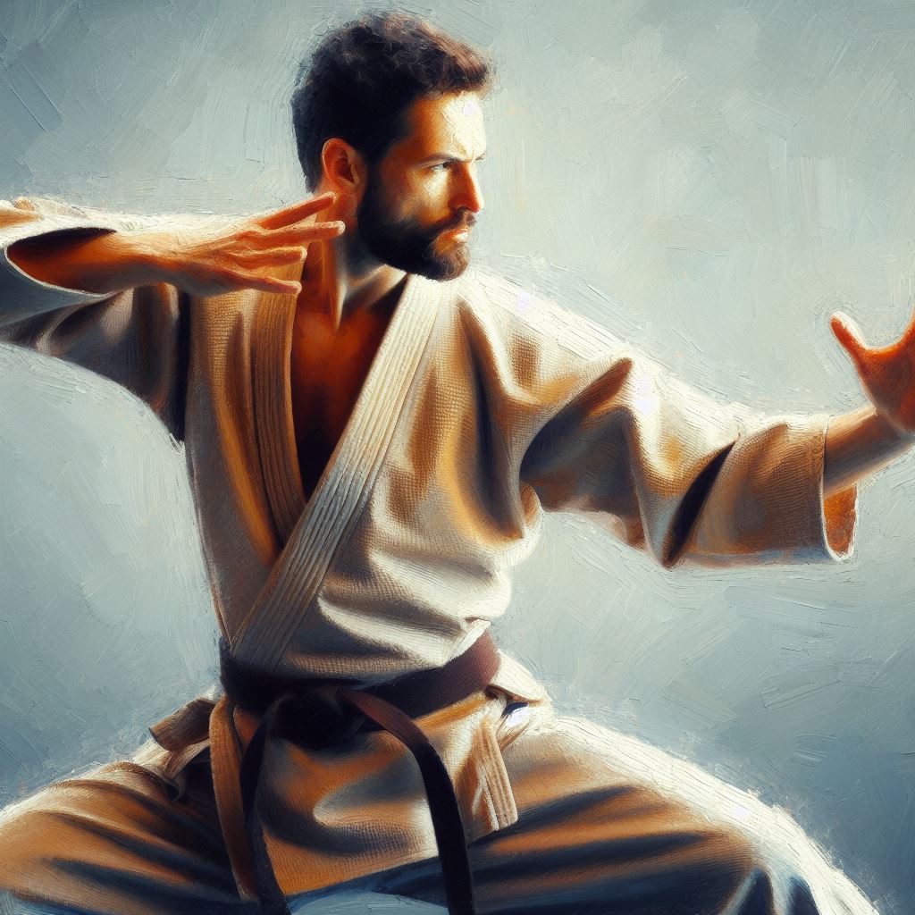 A martial artist in a defensive stance - Oil painting style