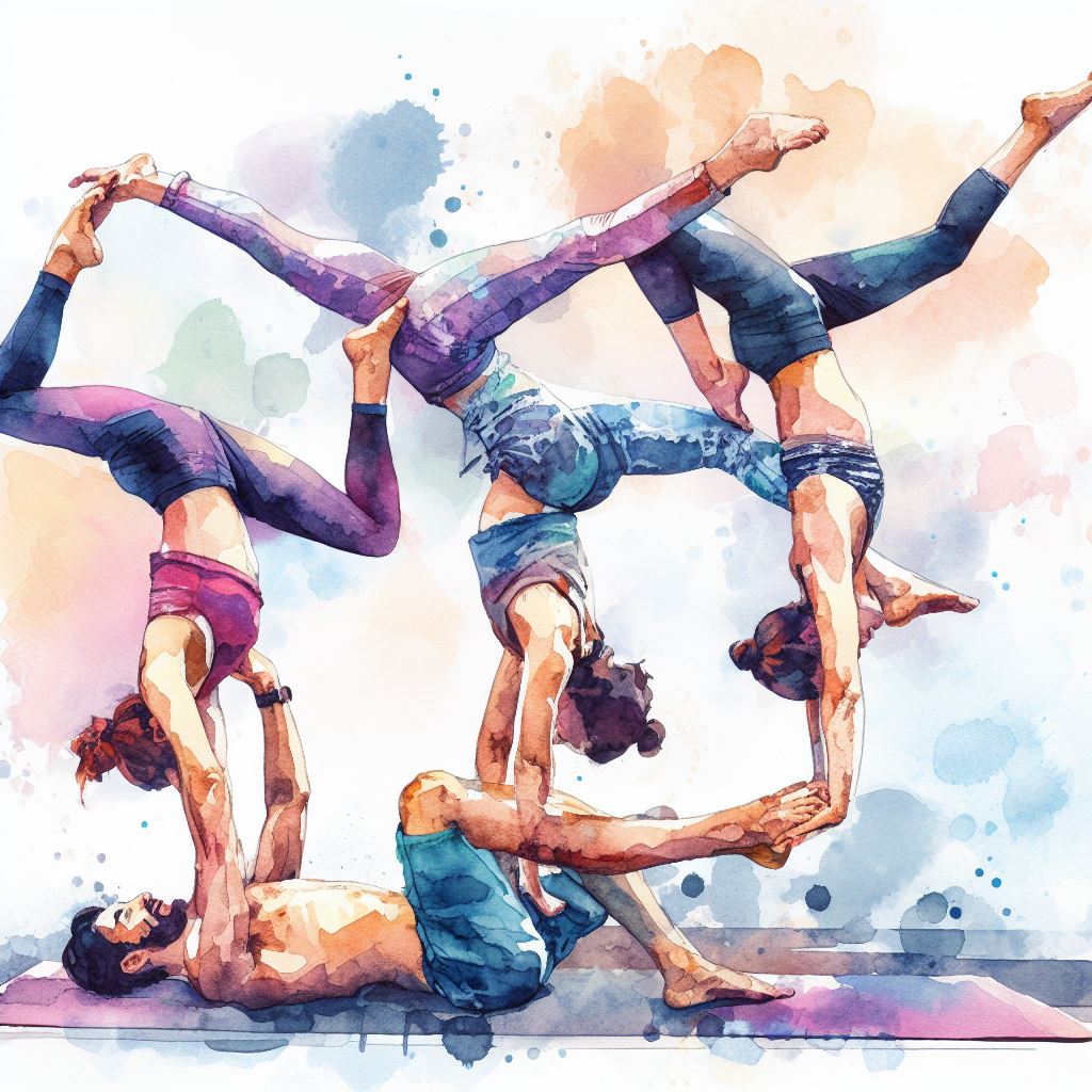 A group of friends doing acro-yoga - Watercolor style